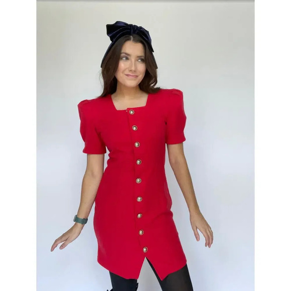 All that Jazz Vintage Red Holiday Mini Dress Gold Buttons - Size Medium - Picture 1 of 10
